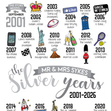 Load image into Gallery viewer, Illustrated timeline from 2001 to 2026 celebrating 25 years of marriage. The perfect 25th wedding anniversary gift.