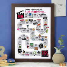 Load image into Gallery viewer, A personalised 40th birthday gift for a movie lover born in 1996 - 'A Life in 40 Movies'.