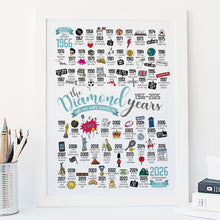 Load image into Gallery viewer, A personalised print celebrating a 60th wedding anniversary, 'The Diamond Years' with various milestones from 1966 to 2026.