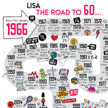 Load image into Gallery viewer, Celebrate a 60th birthday with this personalised gift with significant events from 1966 to 2026 
